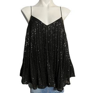Banana Republic Black Sequin Strappy Pleated Drapey Loose Cami Top Sz LP NWT $90